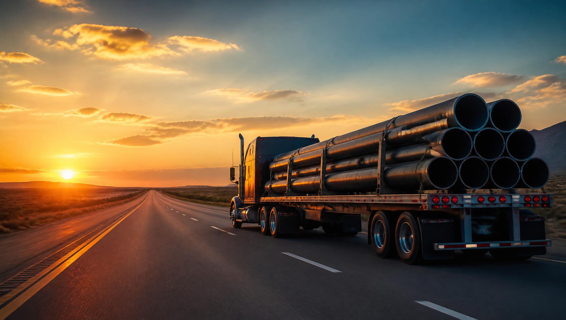 Flatbed truck hauling steel pipes on a highway at sunset